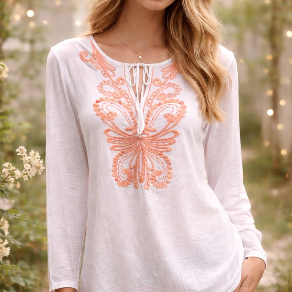 Vintage 90s Y2K 100% Linen Butterfly‎ Embroidered Top, I.N.C. Size L
